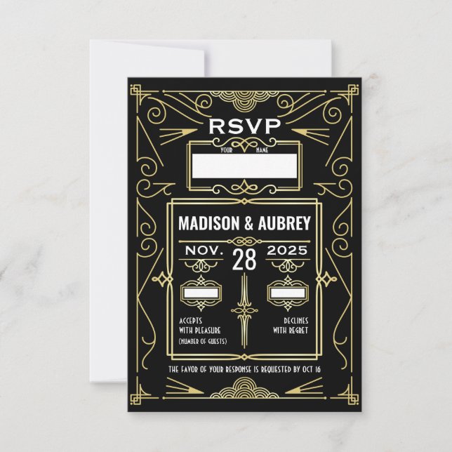 Art Deco Wedding Classy Gold Black RSVP Response (Front)