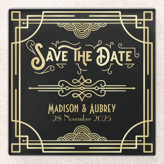 Art Deco Wedding Elegant Gold Black Save the Date Glass Coaster (Front)