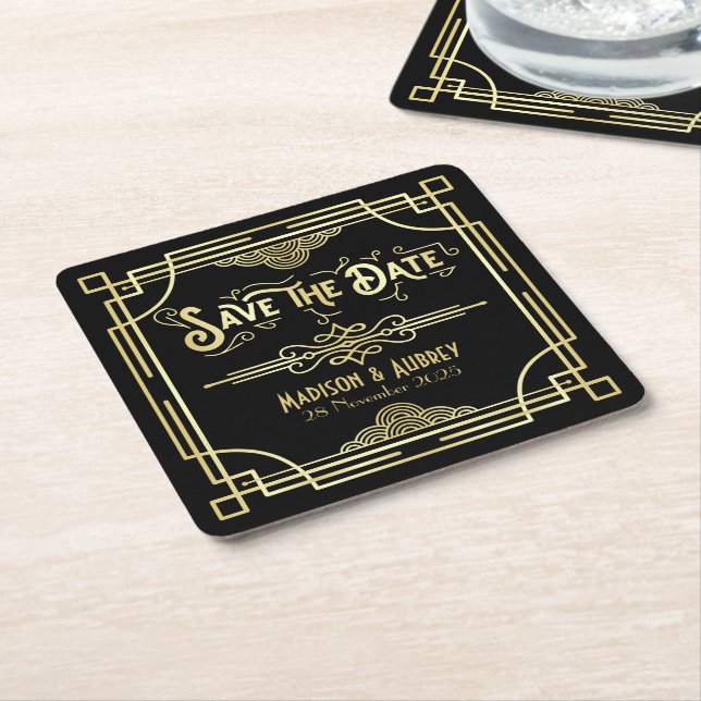 Art Deco Wedding Elegant Gold Black Save the Date Square Paper Coaster (Angled)