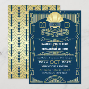 Art Deco Wedding Elegant Gold Blue Great Gatsby Invitation