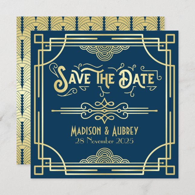 Art Deco Wedding Elegant Gold Blue Great Gatsby Save The Date (Front/Back)