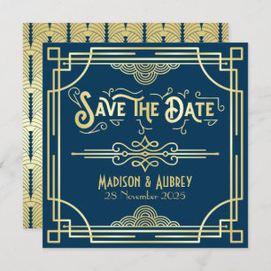 Art Deco Wedding Elegant Gold Blue Great Gatsby Save The Date