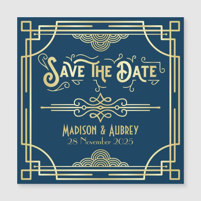 Art Deco Wedding Elegant Gold Blue Save the Date (Front)