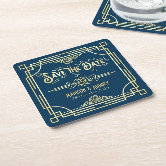 Art Deco Wedding Elegant Gold Blue Save the Date Square Paper Coaster (Angled)