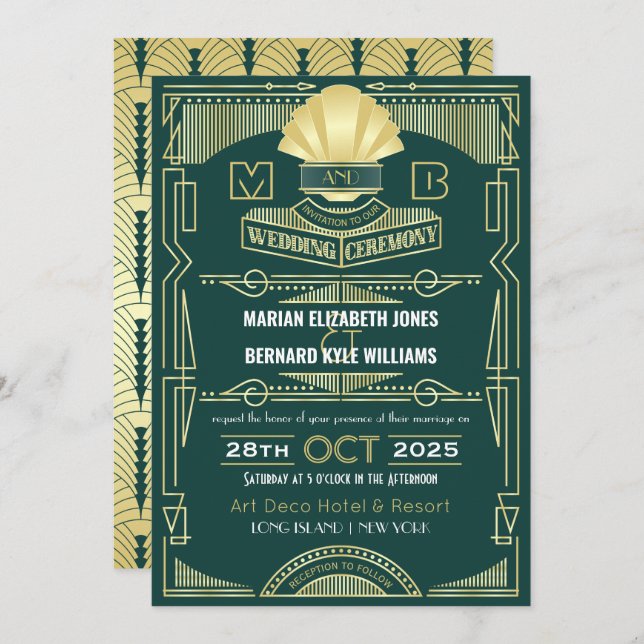 Art Deco Wedding Elegant Gold Green Great Gatsby Invitation (Front/Back)