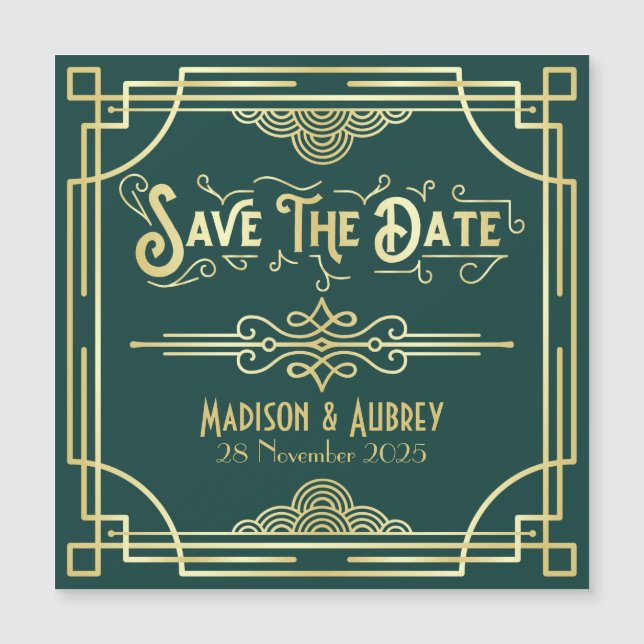 Art Deco Wedding Elegant Gold Green Save the Date (Front)