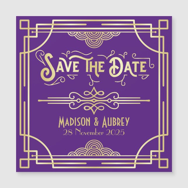Art Deco Wedding Elegant Gold Purple Save the Date (Front)