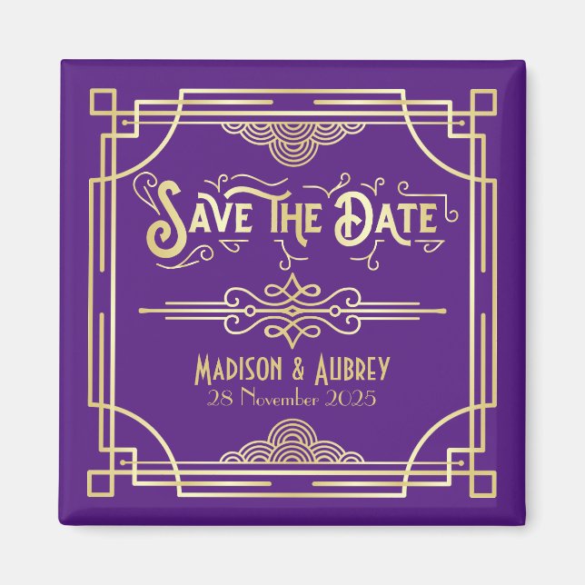 Art Deco Wedding Elegant Gold Purple Save the Date Magnet (Front)