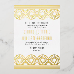 Art Deco Wedding Fan White Gold Foil Invitation