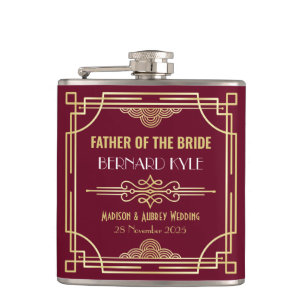 Art Deco Wedding Father of the Bride Gold Burgundy Hip Flask