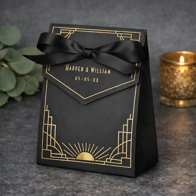 Art deco wedding favour bag box (Art deco black and faux gold with a celestial sunburst
 theme)