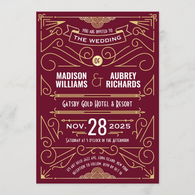 Art Deco Wedding Gatsby Elegant Gold Burgundy Invitation (Front)