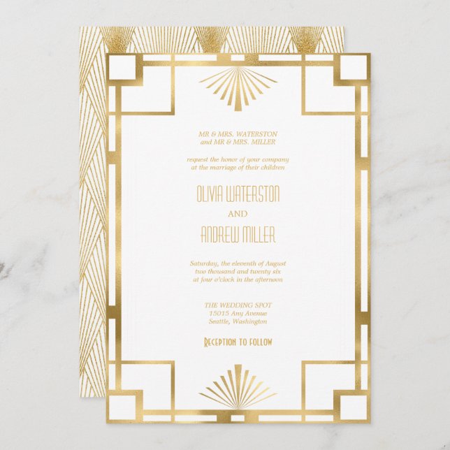Art Deco Wedding | Gold and White Invitations (Front/Back)