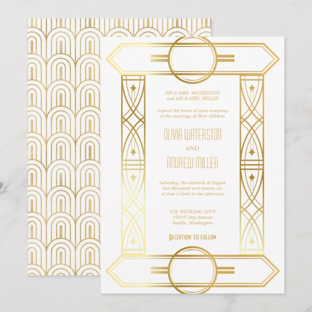 Art Deco Wedding | Gold and White Invitations (Front/Back)
