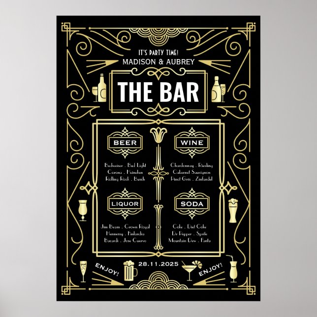 Art Deco Wedding Gold Black Great Gatsby Bar Menu Poster (Front)