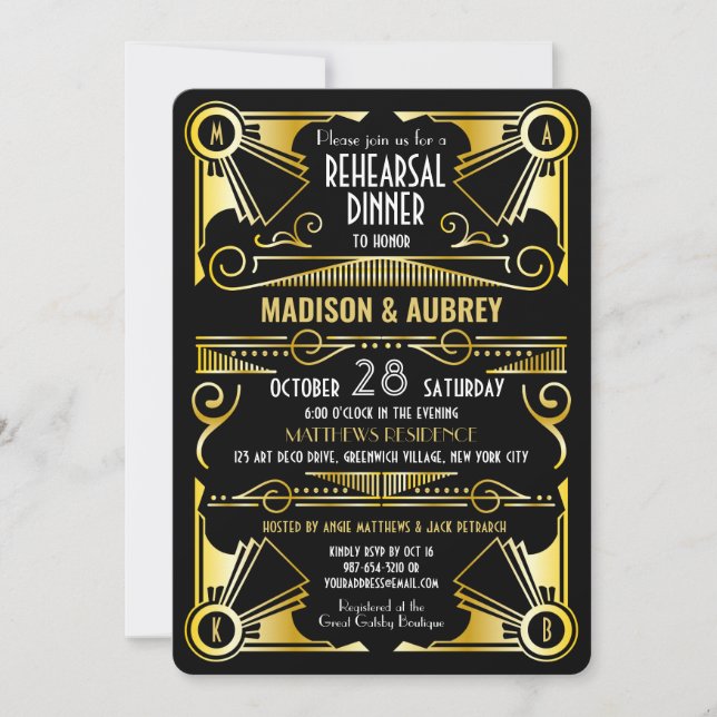 Art Deco Wedding Gold & Black Rehearsal Dinner Invitation (Front)