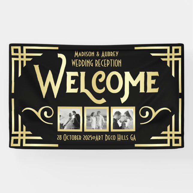 Art Deco Wedding Gold Black Three Photo Welcome Banner (Horizontal)