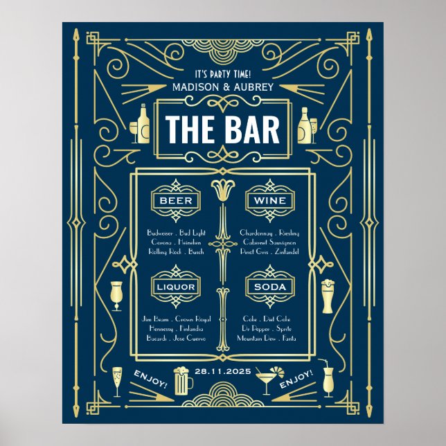 Art Deco Wedding Gold Blue Open Bar Party Menu Poster (Front)