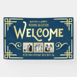 Art Deco Wedding Gold Blue Three Photo Welcome Banner