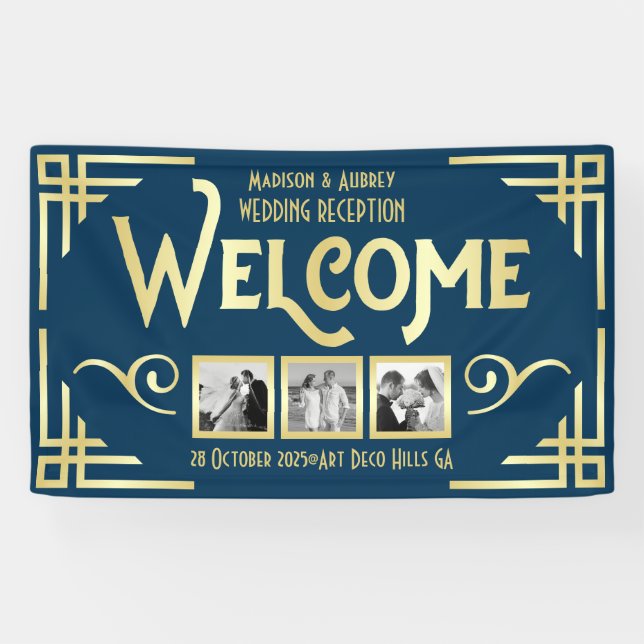 Art Deco Wedding Gold Blue Three Photo Welcome Banner (Horizontal)