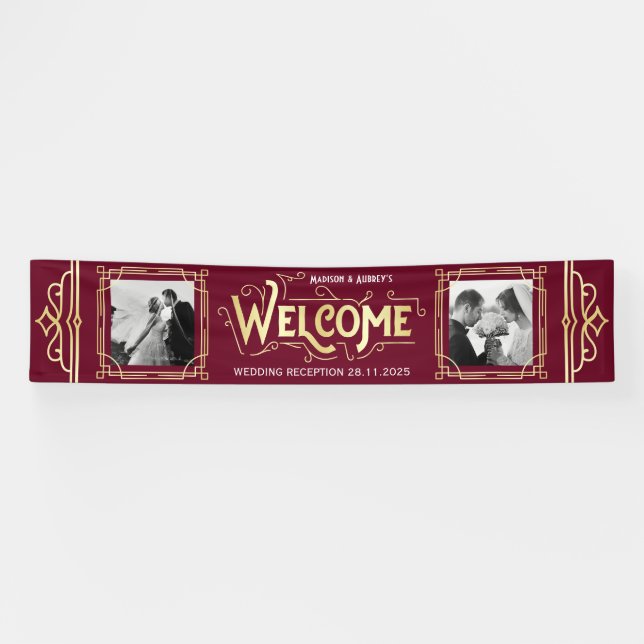 Art Deco Wedding Gold Burgundy Dinner Party Banner (Horizontal)