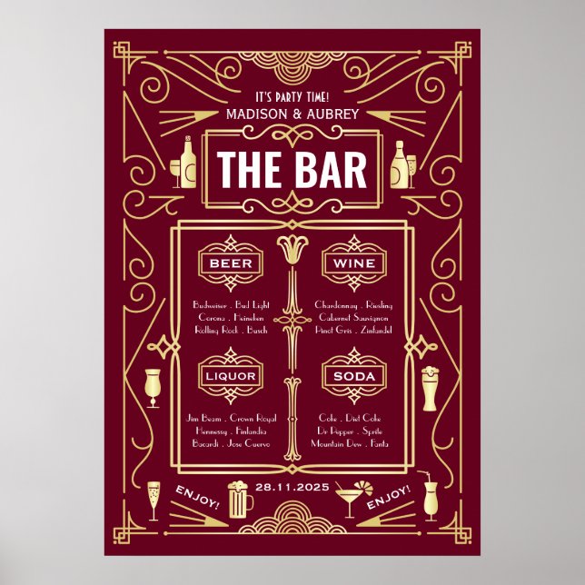 Art Deco Wedding Gold Burgundy Open Bar Menu Poster (Front)
