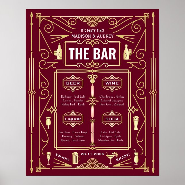 Art Deco Wedding Gold Burgundy Open Bar Party Menu Poster (Front)