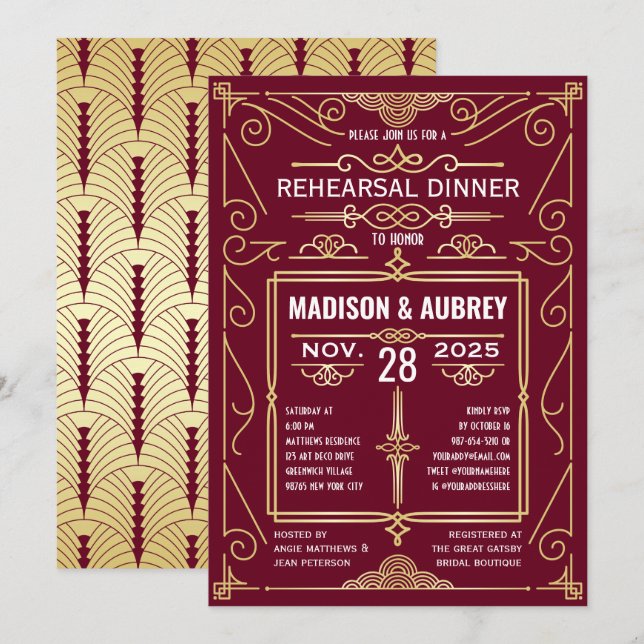 Art Deco Wedding Gold Burgundy Rehearsal Dinner Invitation (Front/Back)