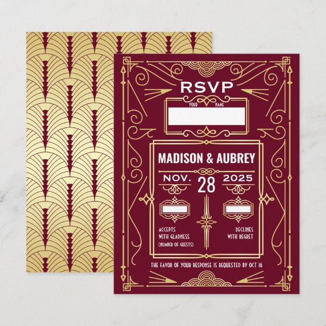 Art Deco Wedding Gold Burgundy RSVP Response Invitation (Front/Back)