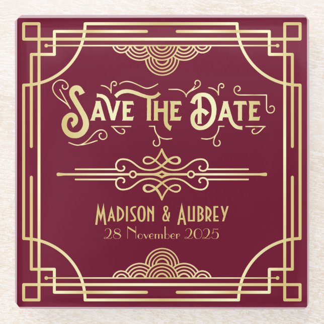 Art Deco Wedding Gold Burgundy Save the Date Glass Coaster (Front)