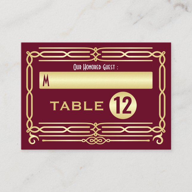 Art Deco Wedding Gold Burgundy Setting Escort Place Card (Front)