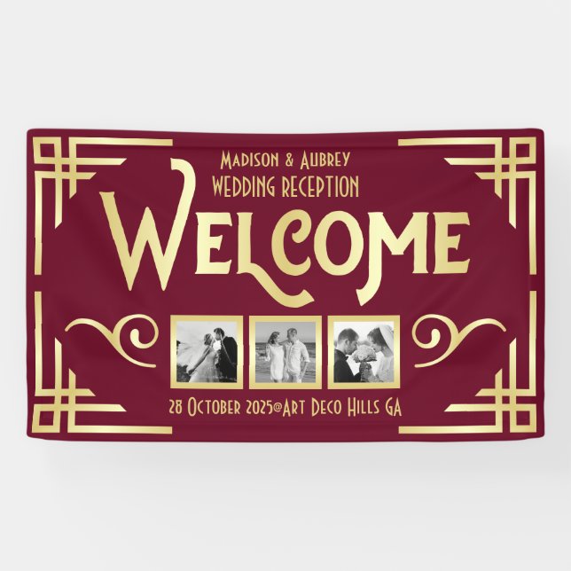 Art Deco Wedding Gold Burgundy Three Photo Welcome Banner (Horizontal)