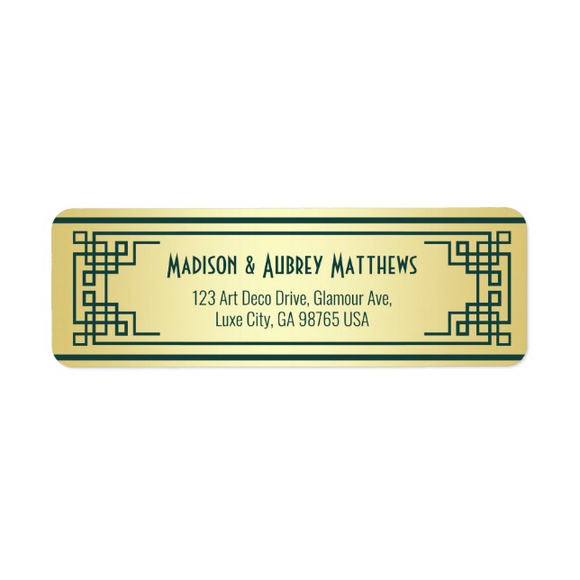 Art Deco Wedding Gold Green Elegant Return Address (Front)