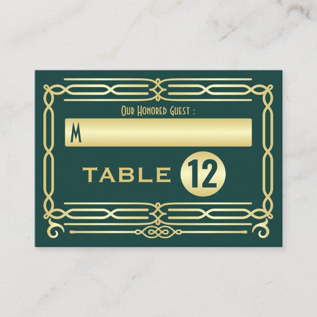Art Deco Wedding Gold Green Elegant Setting Escort Place Card (Front)