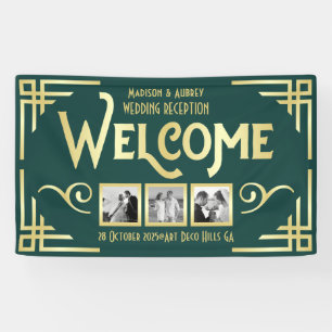 Art Deco Wedding Gold Green Three Photo Welcome Banner