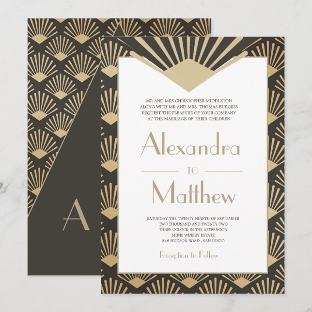 Art Deco Wedding Gold Roaring Twenties Monogram Invitation (Front/Back)
