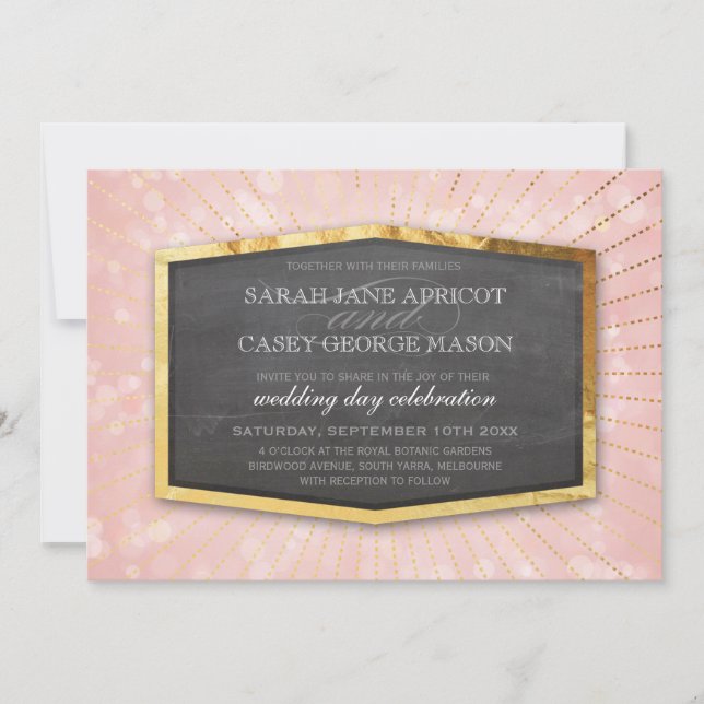 ART DECO WEDDING gold sunburst grey bokeh coral Invitation (Front)