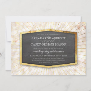 ART DECO WEDDING gold sunburst grey bokeh cream Invitation