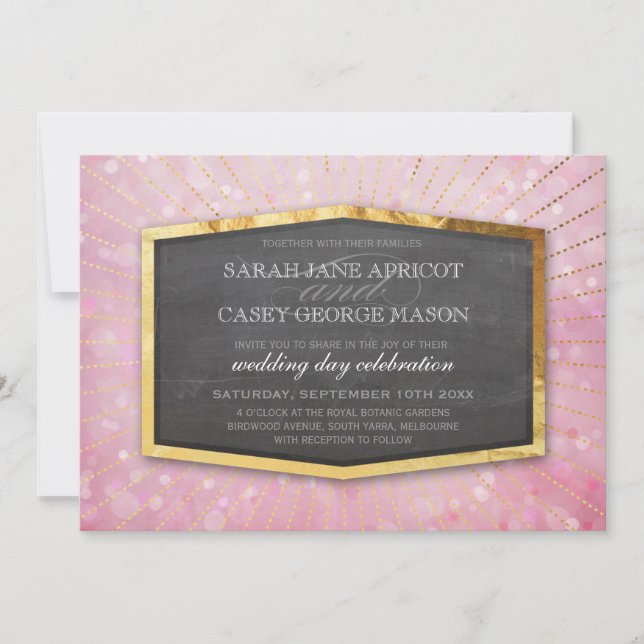 ART DECO WEDDING gold sunburst grey bokeh pink Invitation (Front)