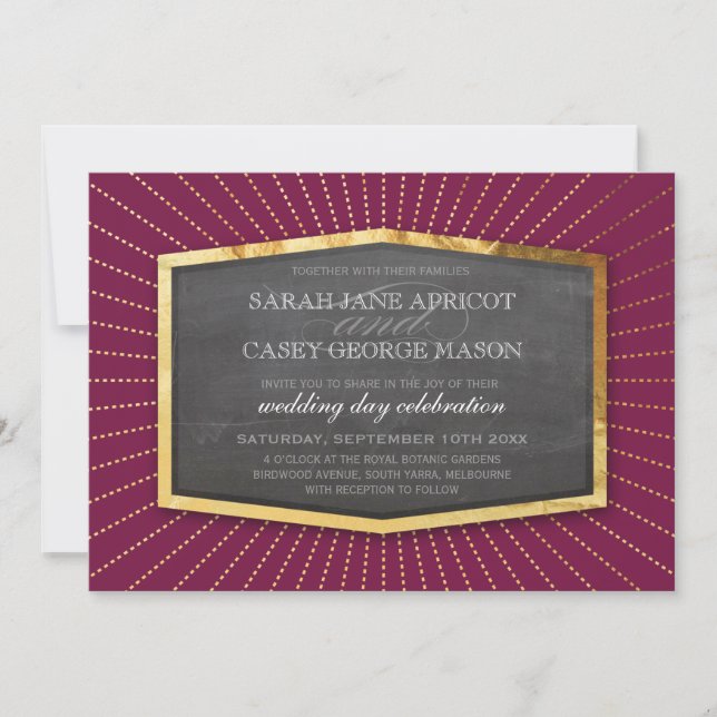 ART DECO WEDDING gold sunburst grey cranberry plum Invitation (Front)