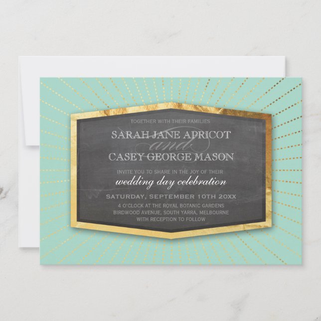 ART DECO WEDDING gold sunburst grey mint green Invitation (Front)