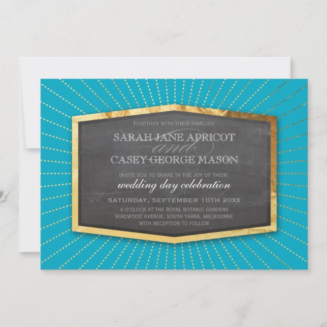 ART DECO WEDDING gold sunburst grey turquoise blue Invitation (Front)