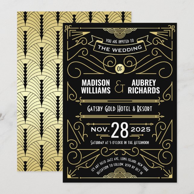 Art Deco Wedding Great Gatsby Elegant Gold Black Invitation (Front/Back)
