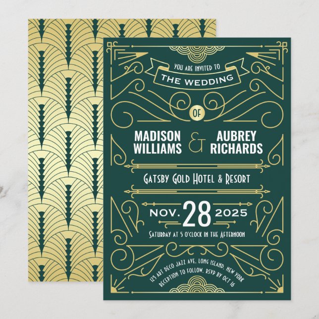 Art Deco Wedding Great Gatsby Elegant Gold Green Invitation (Front/Back)