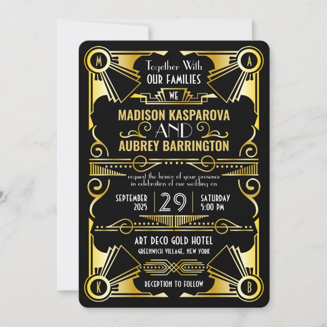 Art Deco Wedding Great Gatsby Ornate Black & Gold Invitation (Front)