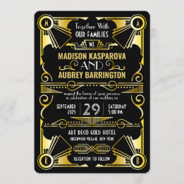 Art Deco Wedding Great Gatsby Ornate Black & Gold Invitation