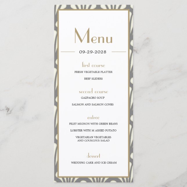 Art Deco Wedding Grey Roaring Twenties Vintage Menu (Front)