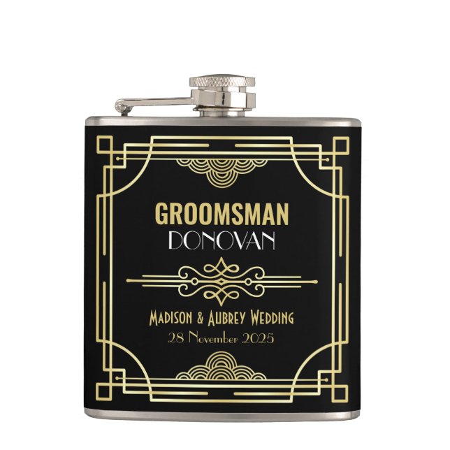 Art Deco Wedding Groomsman Gold Black Favour 1920s Hip Flask (Front)