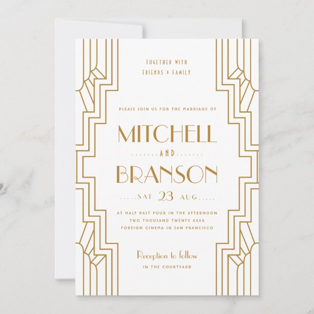 Art Deco Wedding Invitation Gold White Gay Couple (Front)