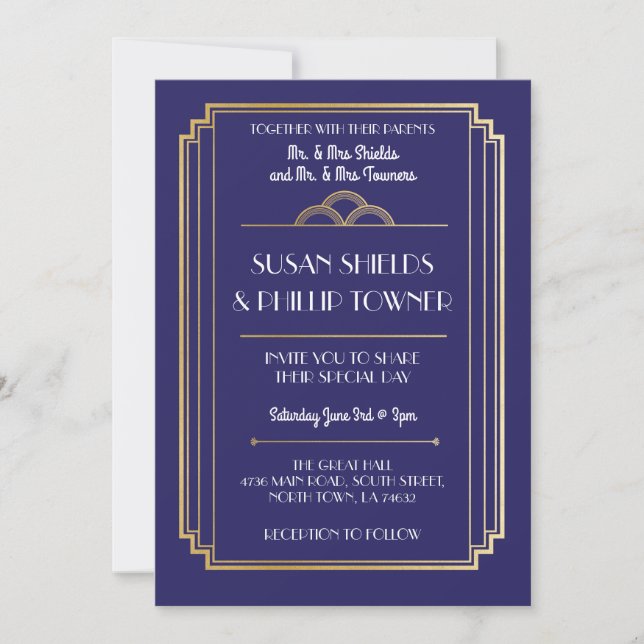 Art Deco Wedding Invitations Navy & Gold 1920's (Front)